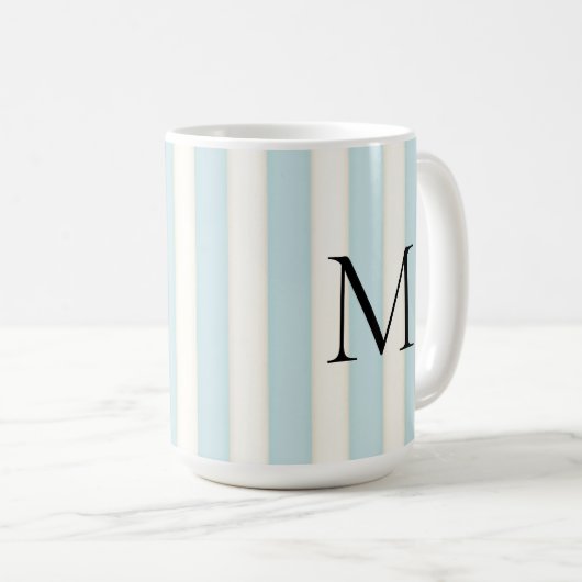 ブラックモノグラムオンブルー&アンティークホワイトストライプ コーヒーマグカップ (正面右)