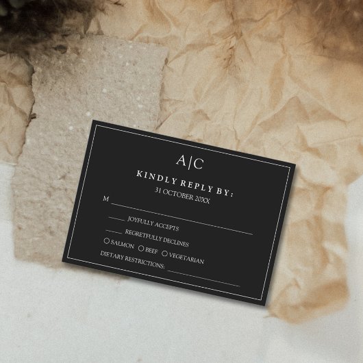 ブラックモノグラムミール選択ウェディングRSVPカード 出欠カード