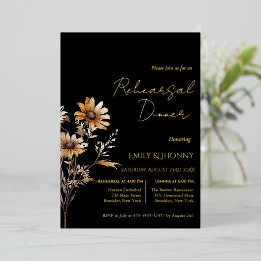 ブラックモノグラムワイルドフラワーリハーサルディナー 箔招待状 (立ち正面)