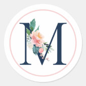 ブラックモノグラム文字Mピンクの花 ラウンドシール (正面)