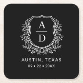 ブラックモノグラム結婚のフローラクレストエレガント スクエアペーパーコースター (正面)
