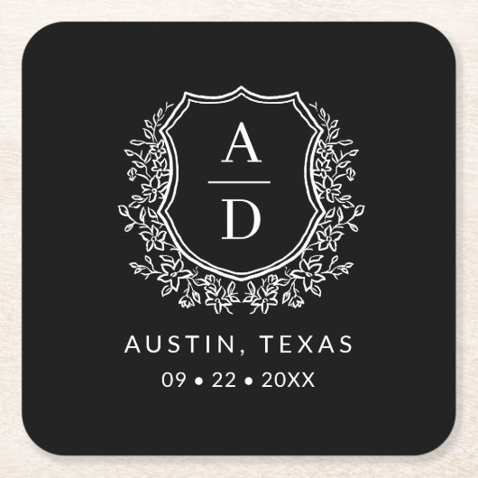 ブラックモノグラム結婚のフローラクレストエレガント スクエアペーパーコースター (正面)