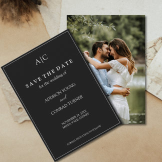 ブラックモノグラム結婚の写真日付カードを保存 セーブザデート