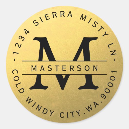 ブラックモノグラム金ゴールド円形差出人住所ラベル ラウンドシール (正面)