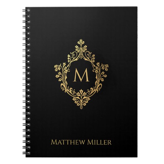 ブラックモノグラム エレガント オーナメント 偽金クラスト 名前 ノートブック (正面)