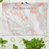 ブラックモノグラム&名前，ホワイト&バラ金ゴールド大理石 キッチンタオル (折り畳み)