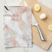 ブラックモノグラム&名前，ホワイト&バラ金ゴールド大理石 キッチンタオル (四つ折り)