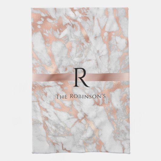 ブラックモノグラム&名前，ホワイト&バラ金ゴールド大理石 キッチンタオル (縦)