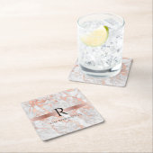 ブラックモノグラム&名前，ホワイト&バラ金ゴールド大理石 スクエアペーパーコースター (インサイチュ)