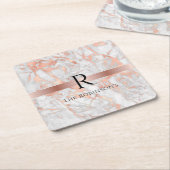 ブラックモノグラム&名前，ホワイト&バラ金ゴールド大理石 スクエアペーパーコースター (アングル)