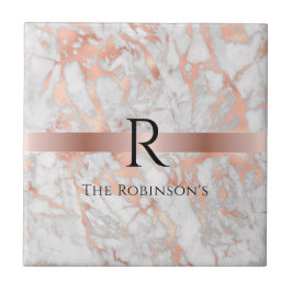ブラックモノグラム&名前，ホワイト&バラ金ゴールド大理石 タイル
