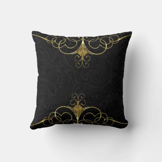ブラックモノトーンフローラペイズリーと金ゴールドフレーム クッション (裏面)