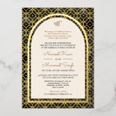 ブラックモロッコパターンシーク結婚アーチ金ゴールド 箔招待状 (正面)