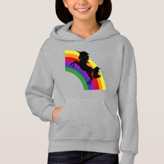 ブラックユニコーンシルエットレインボーガールズフード付きスウェットシャツ (正面)