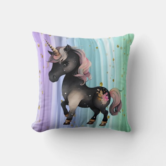 ブラックユニコーンパープルピンクテール クッション (正面)