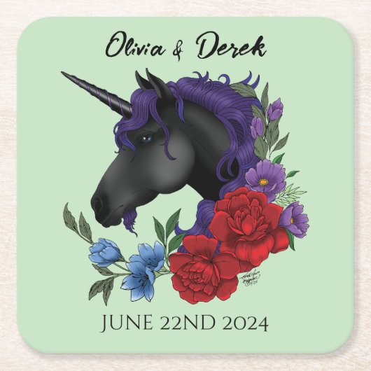 ブラックユニコーンパープルレッドセージの花 スクエアペーパーコースター (正面)