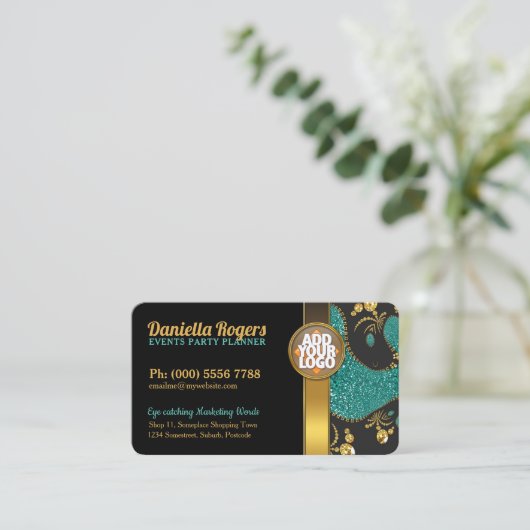 ブラックユニークティール(緑がかった色)金ゴールドスタイリッシュスパークル 名刺 (スタンド正面)