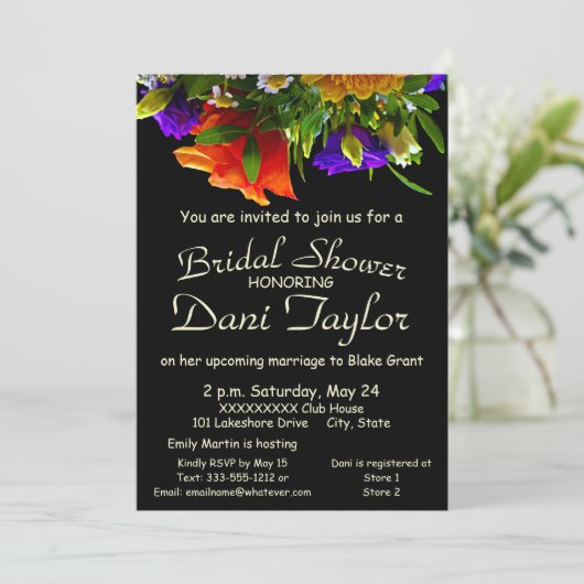 ブラックユニーク淡い色の文字ブライトフローラブライダルシャワー 招待状 (スタンド正面)