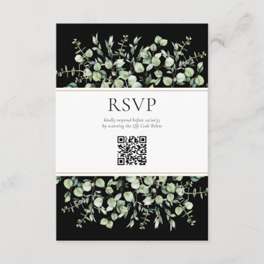 ブラックユーカリQRコード ウェディングRSVP エンクロージャーカード (正面)