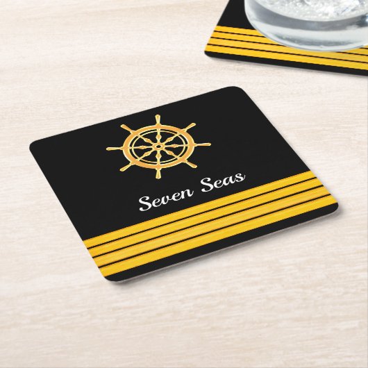 ブラックヨットボート名金ゴールドハンドルストライプ スクエアペーパーコースター (アングル)