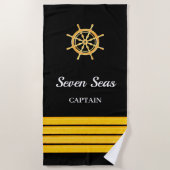 ブラックヨットボート名金ゴールドハンドルストライプ ビーチタオル (正面)