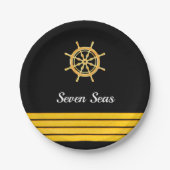 ブラックヨットボート名金ゴールドハンドルストライプ ペーパープレート (正面)