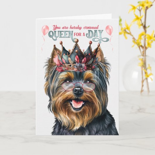 ブラックヨークシャーテリアテリアクイーンフォーデイおもしろい誕生日 カード (黄色い花)