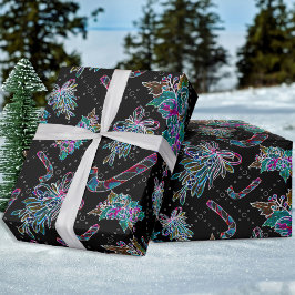 ブラックライトネオンクリスマスキャンディーケーンパターン ラッピングペーパー
