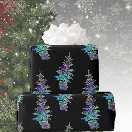 ブラックライトネオンクリスマスツリーパターン ラッピングペーパー