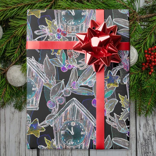 ブラックライトネオンクリスマス時計パターン ラッピングペーパー