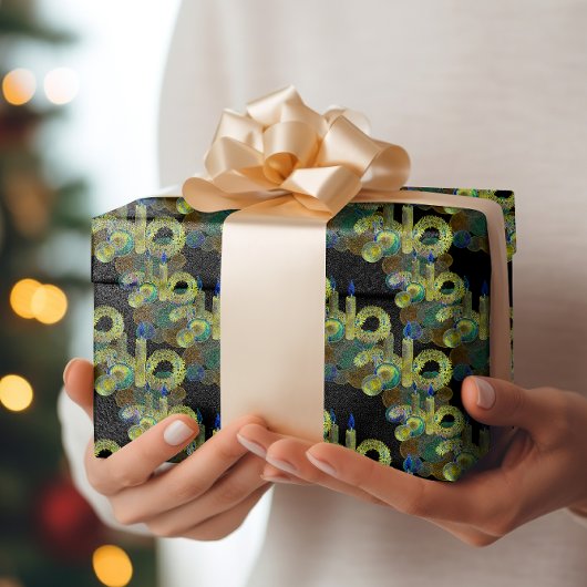 ブラックライトネオングロークリスマスキャンドルとオーナメント ラッピングペーパー