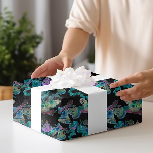 ブラックライトネオングロークリスマスキャンドルベルオーナメント ラッピングペーパー