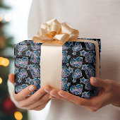 ブラックライトネオングロークリスマスハートと星 ラッピングペーパー