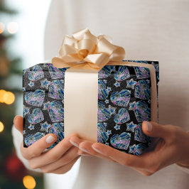 ブラックライトネオングロークリスマスハートと星 ラッピングペーパー