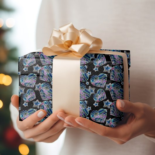 ブラックライトネオングロークリスマスハートと星 ラッピングペーパー