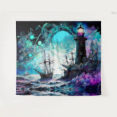 ブラックライトハウスと帆船の荒海 タペストリー (正面(横))