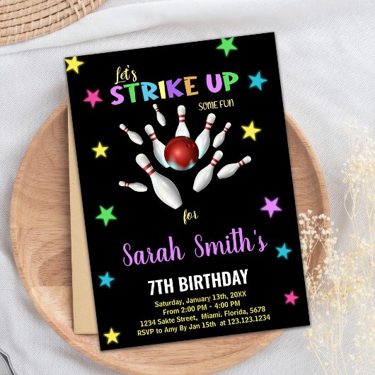 ブラックライトパープルボーリング誕生日招待状 招待状