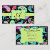 ブラックライムグリーンモダンペイズリーパターンモノグラム 名刺 (正面/裏面)