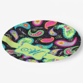 ブラックライムグリーンモノグラムパーソナライズされたペイズリー ペーパープレート (アングル)