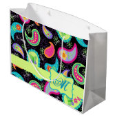 ブラックライムグリーンモノグラムパーソナライズされたペイズリー ラージペーパーバッグ (裏面アングル)