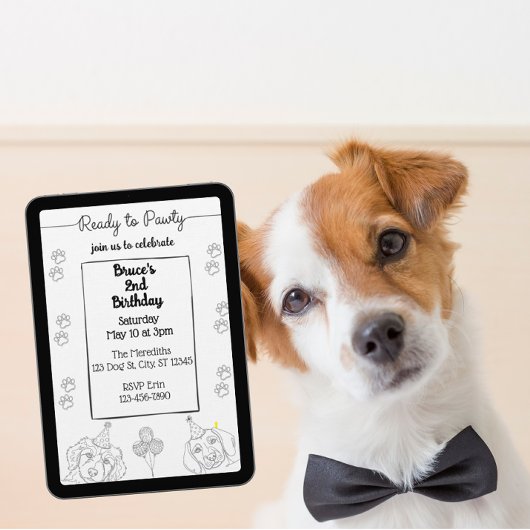 ブラックラインの犬の誕生日パーティー 招待状