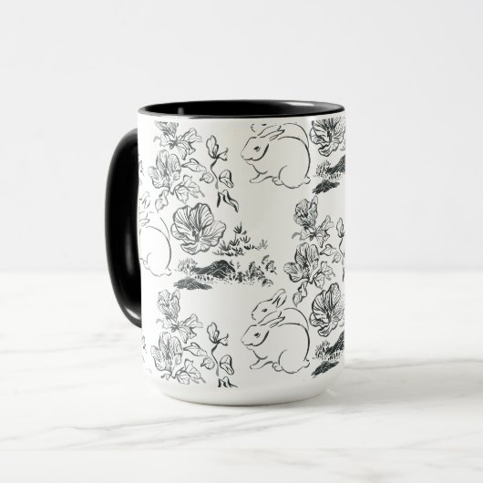 ブラックラインアートかわいいウサギと花 マグカップ (正面左)