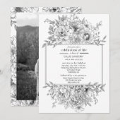 ブラックライン花模様葬儀写真 招待状 (正面/裏面)