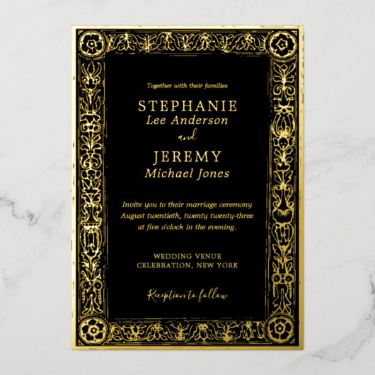 ブラックラグジュアリーエレガントロマンティックヴィンテージウェディング金ゴールド 箔招待状 (正面)