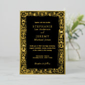 ブラックラグジュアリーエレガントロマンティックヴィンテージウェディング金ゴールド 箔招待状 (立ち正面)