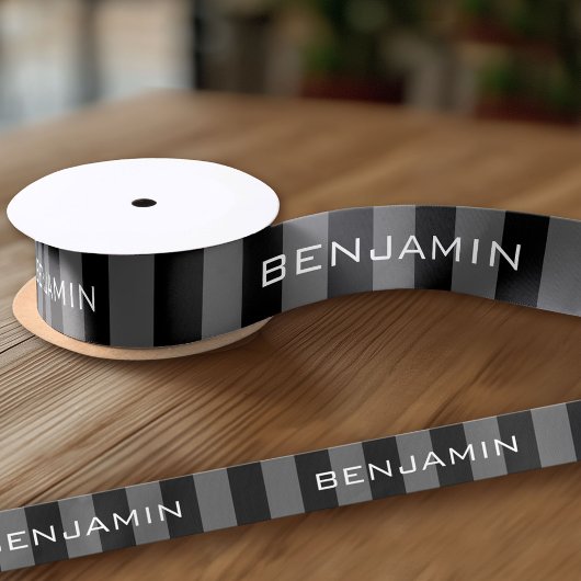 ブラックラグビーとグレーラグビーストライプ名前をカスタムする サテンリボン