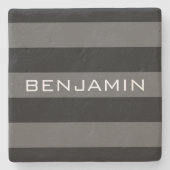 ブラックラグビーとグレーラグビーストライプ名前をカスタムする ストーンコースター (正面)