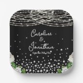 ブラックラスティックホワイトローズストリングライトウェディング ペーパープレート (正面)