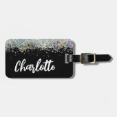 ブラックラックスホログラフィックグリッター パーソナライズされた ラゲッジタグ (正面横)