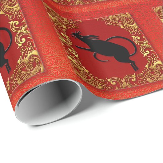 ブラックラッ中国のト〔占星術の〕十二宮図動物レッドと金ゴールド ラッピングペーパー (ロールコーナー)